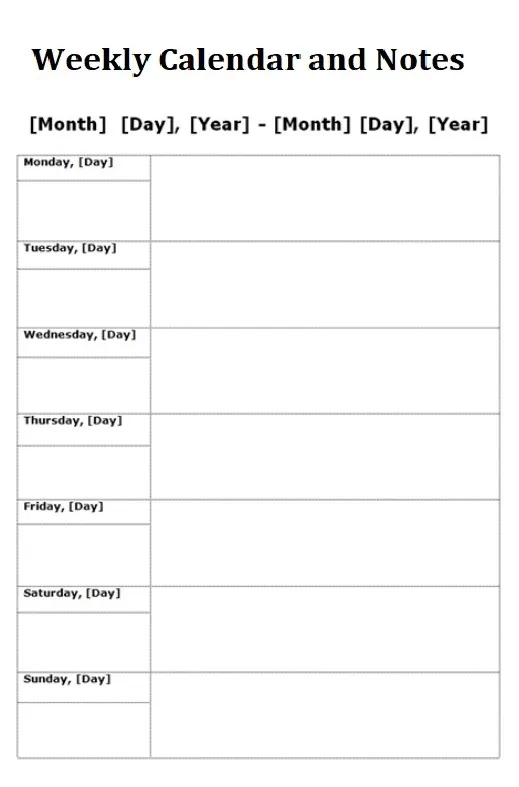 Weekly Calendar Notes Template