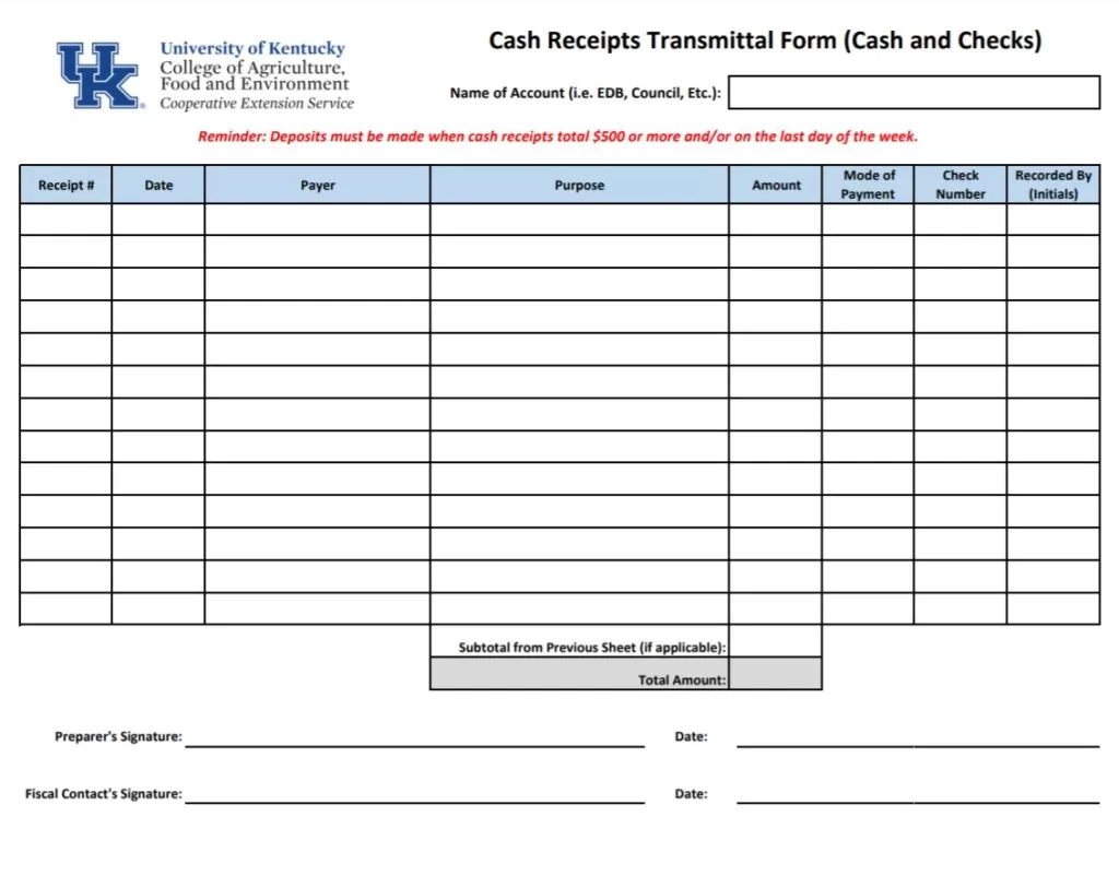 Cash Receipt Transmittal Template