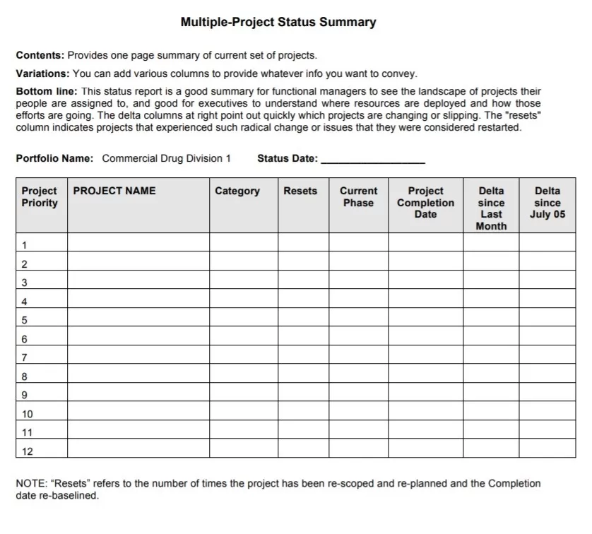 Multiple Status Report Template