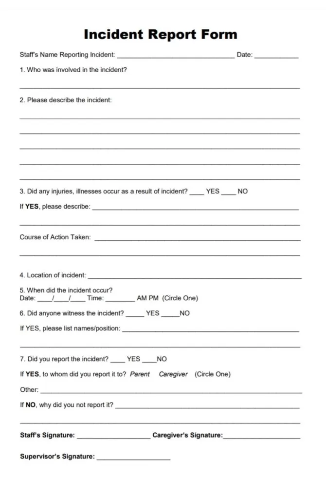 Printable Incident Report Template