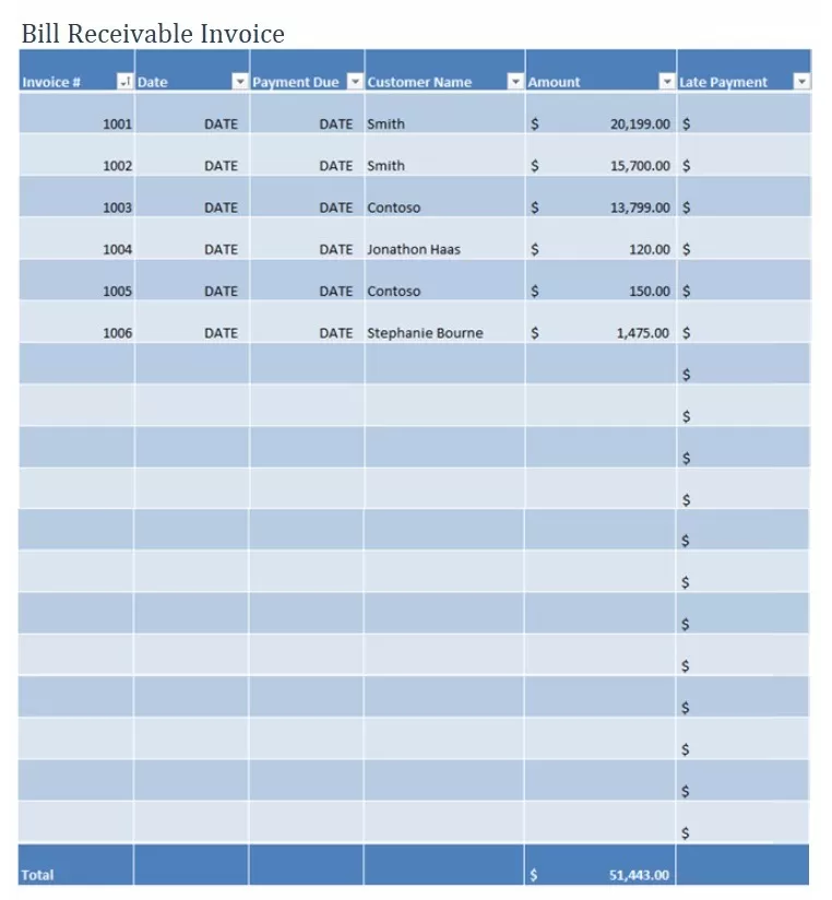 Bill Receivable Invoice Template