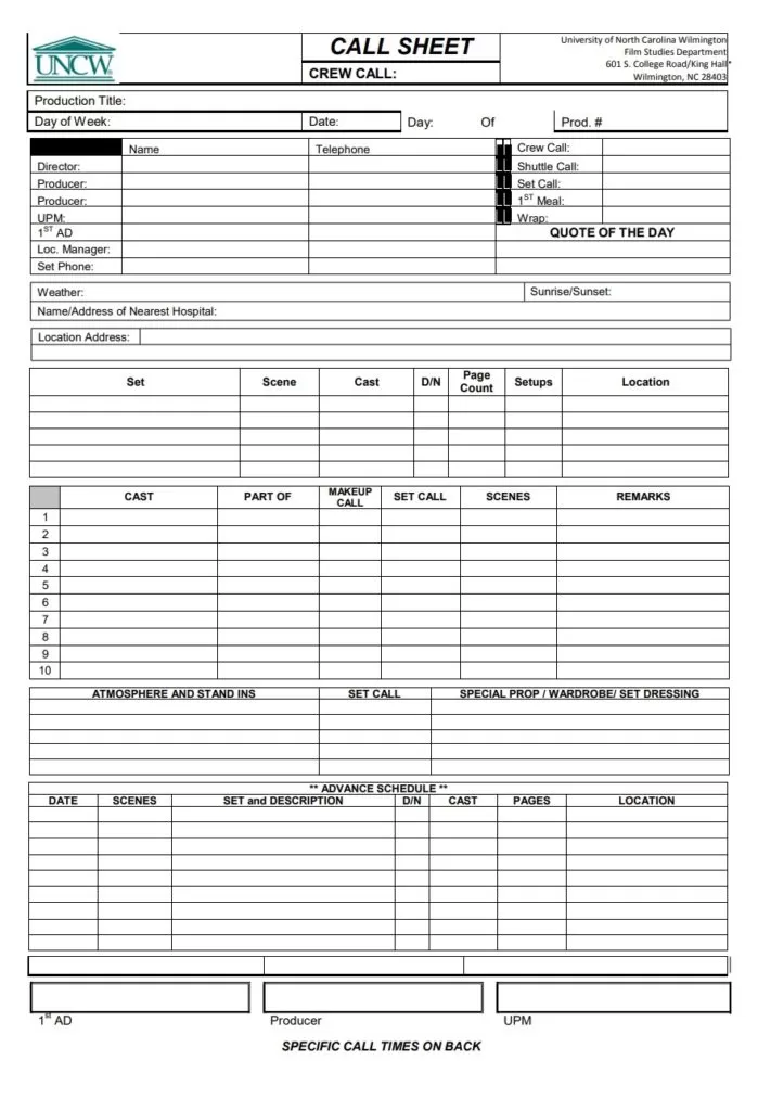 Call Sheet Template