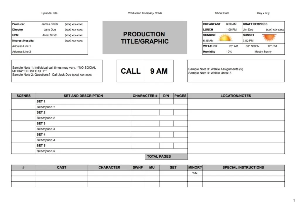 Call Sheet Template Excel