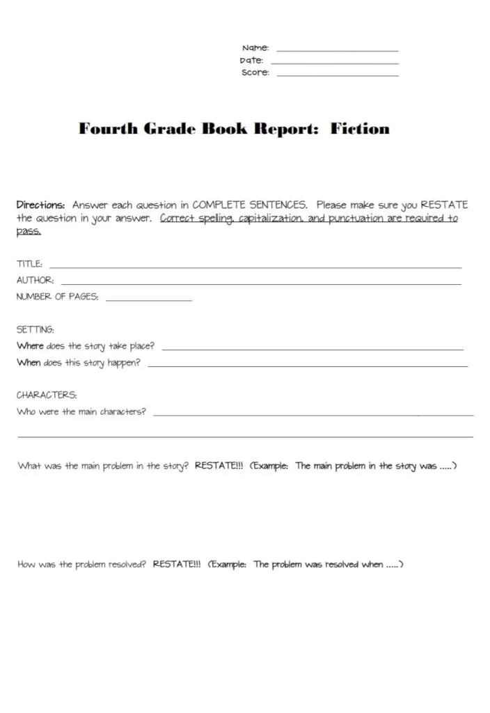 Fourth Grade Book Report Template