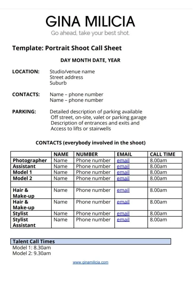 Portrait Shoot Call Sheet Template