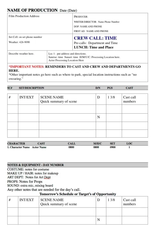 Production Call Sheet Template