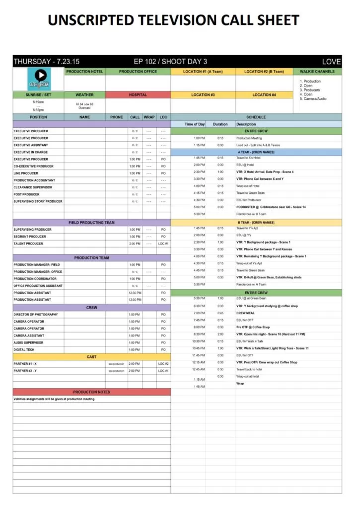 Television Call Sheet Template