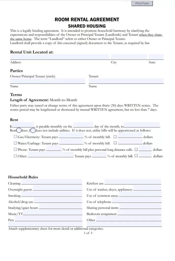 Room Rental Agreement Template