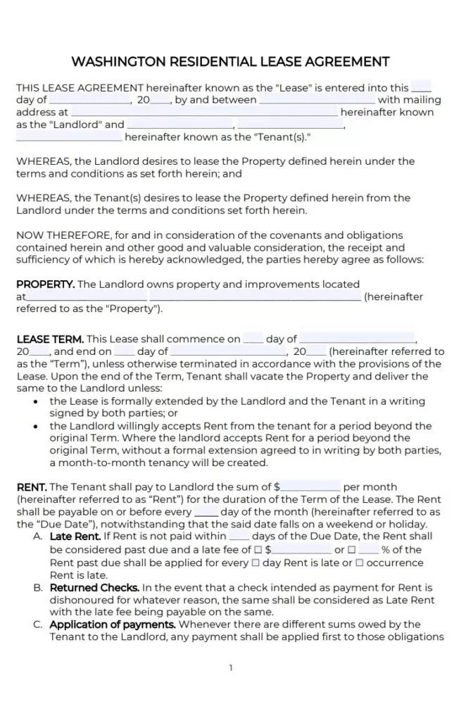 Washington Lease Rental Agreement Template