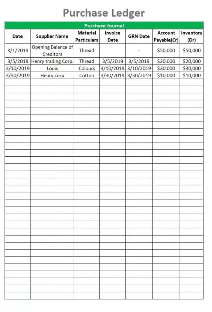 Purchase Book Ledger Template