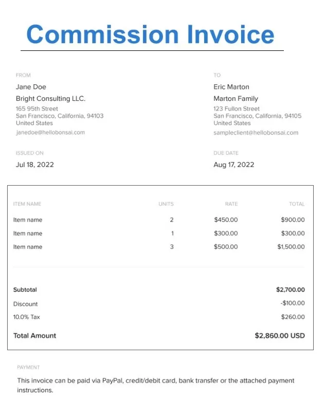 Commission Invoice Format