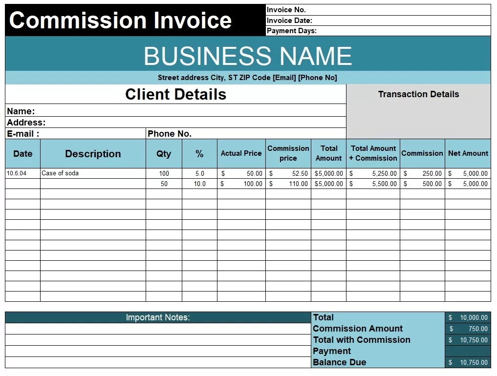 Commission Invoice Template