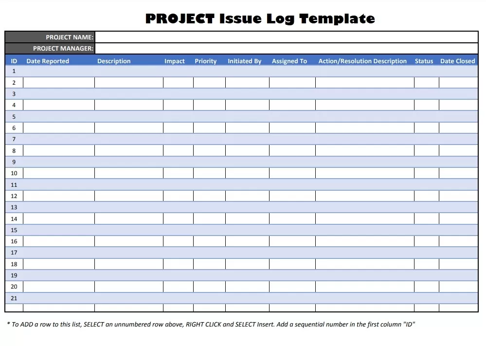 Project Issue Log Template