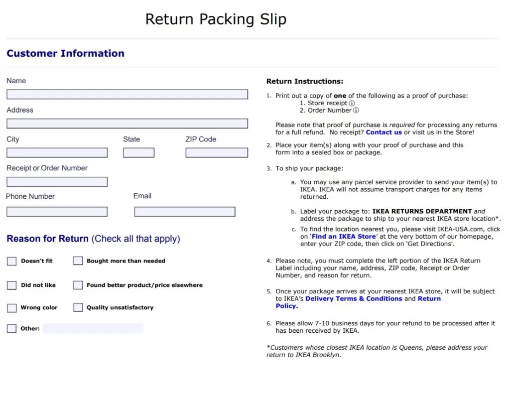 Return Packing Slip Template