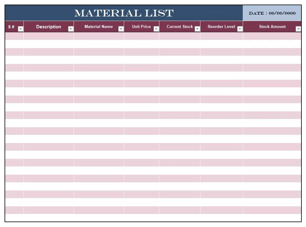 Material List Template Excel