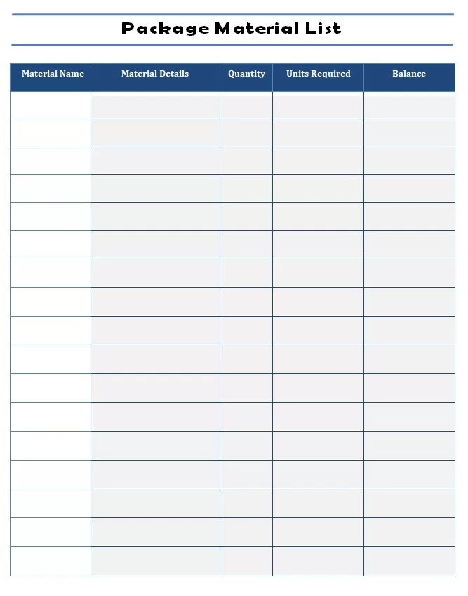 Package Material List Template