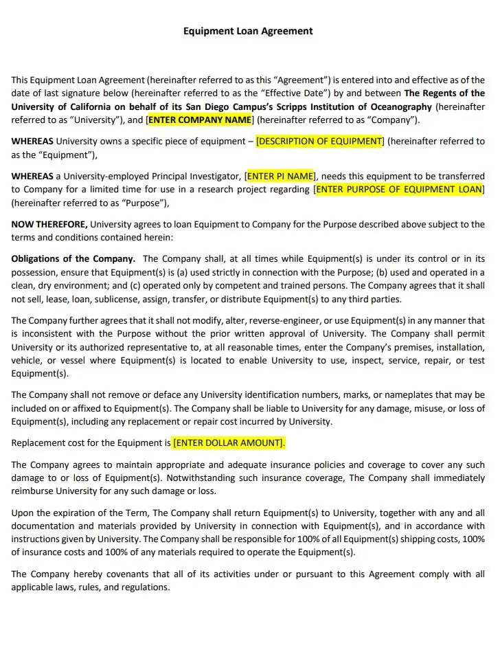 Equipment Loan Agreement Template