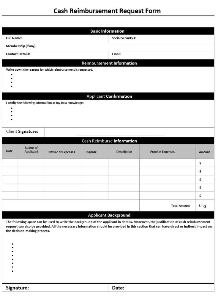 Cash Reimbursement Request Form