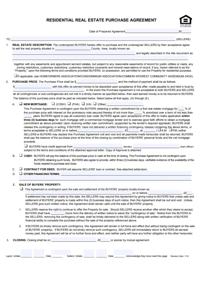 Residential Purchase Agreement Template