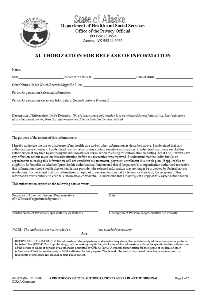 Authorization of Release of Information Form