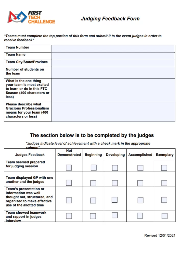 Blank Judging Feedback Form