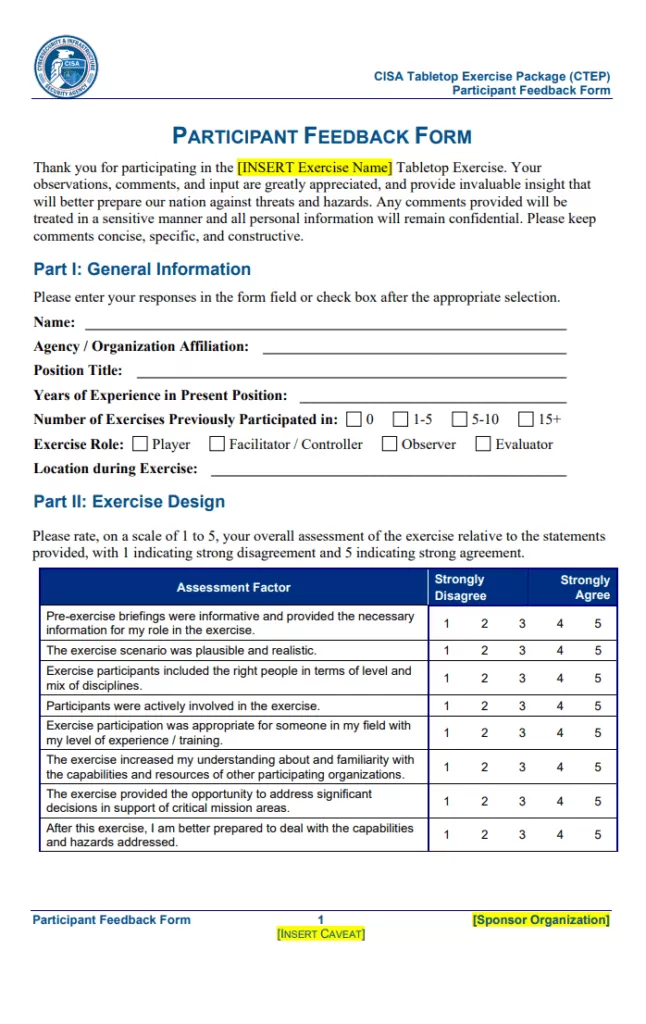 Blank Participant Feedback Form