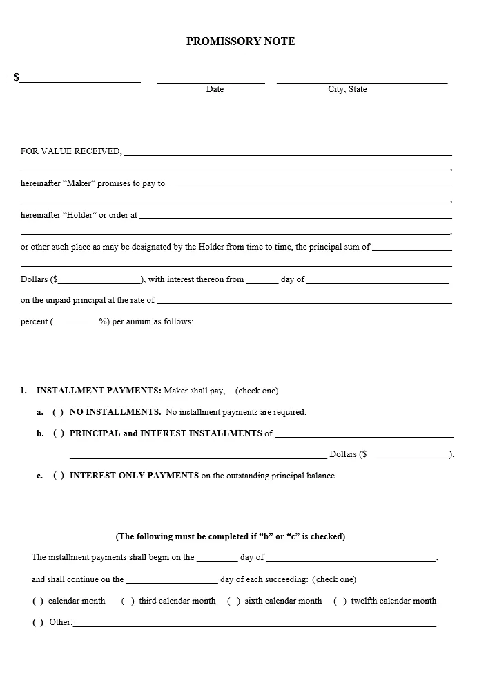 Blank Promissory Note Form