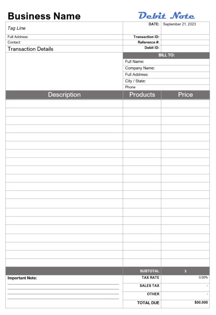 Debit Note Template Word