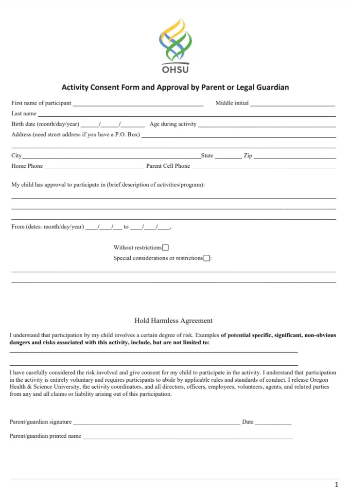 Parent Consent for Activities Form