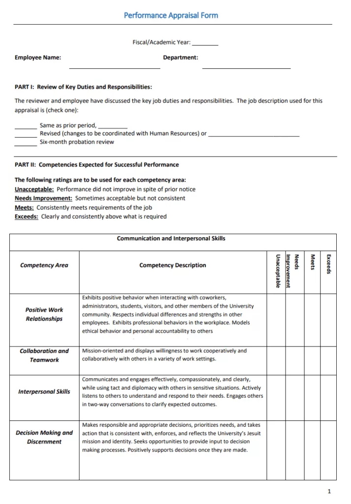 Performance Appraisal Form Template