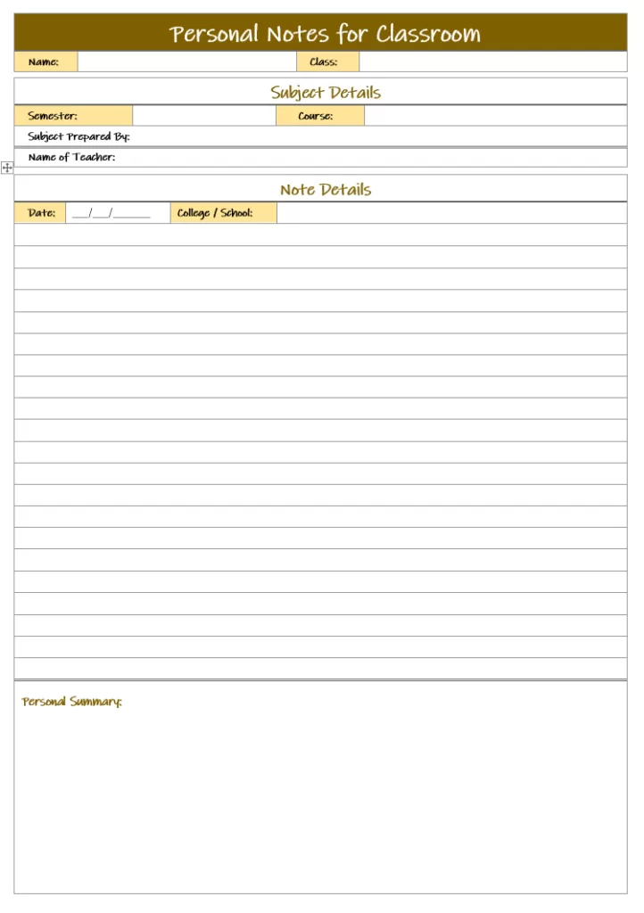 Personal Notes for Classroom Template