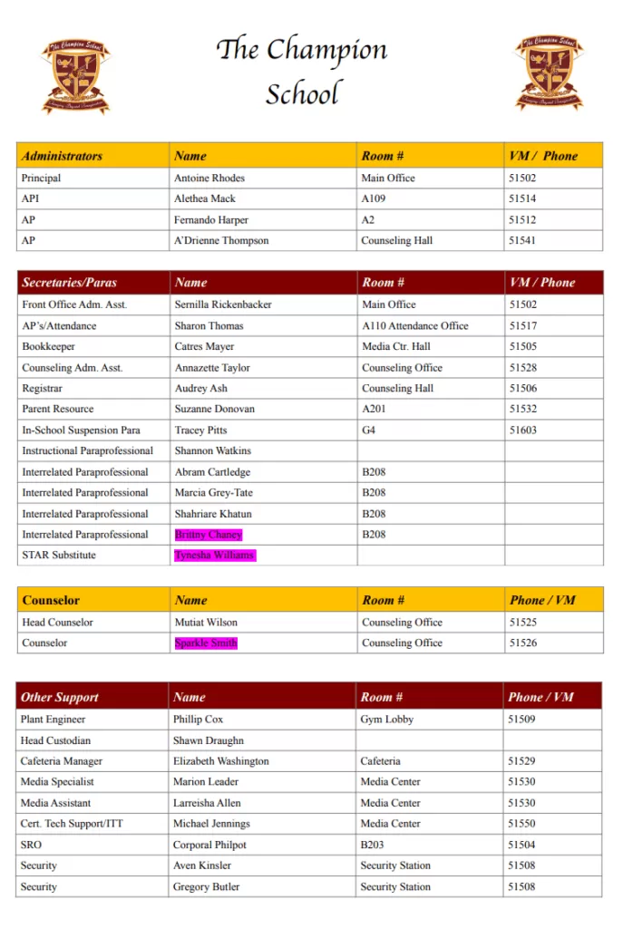 School Roster Chart Template