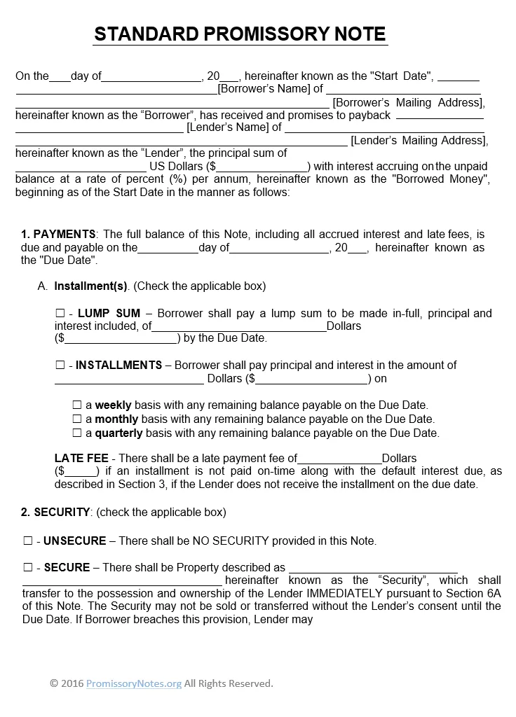 Standard Promissory Note Form