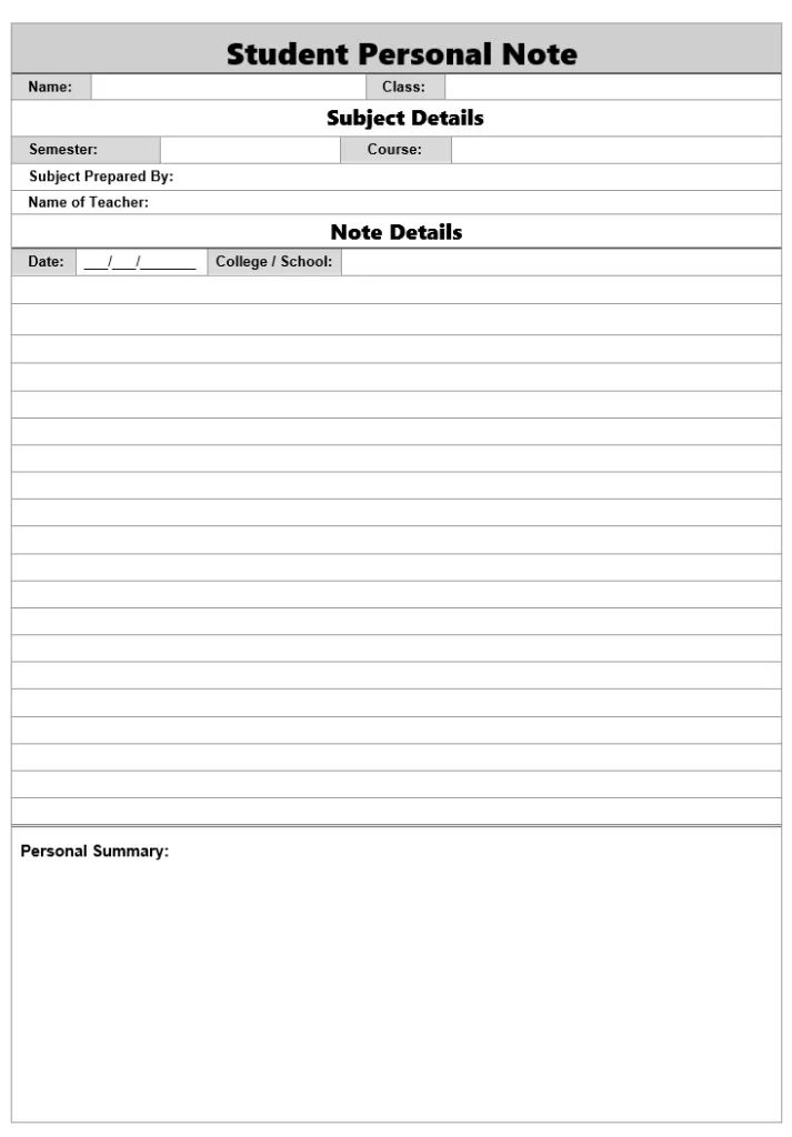 Student Personal Note Template