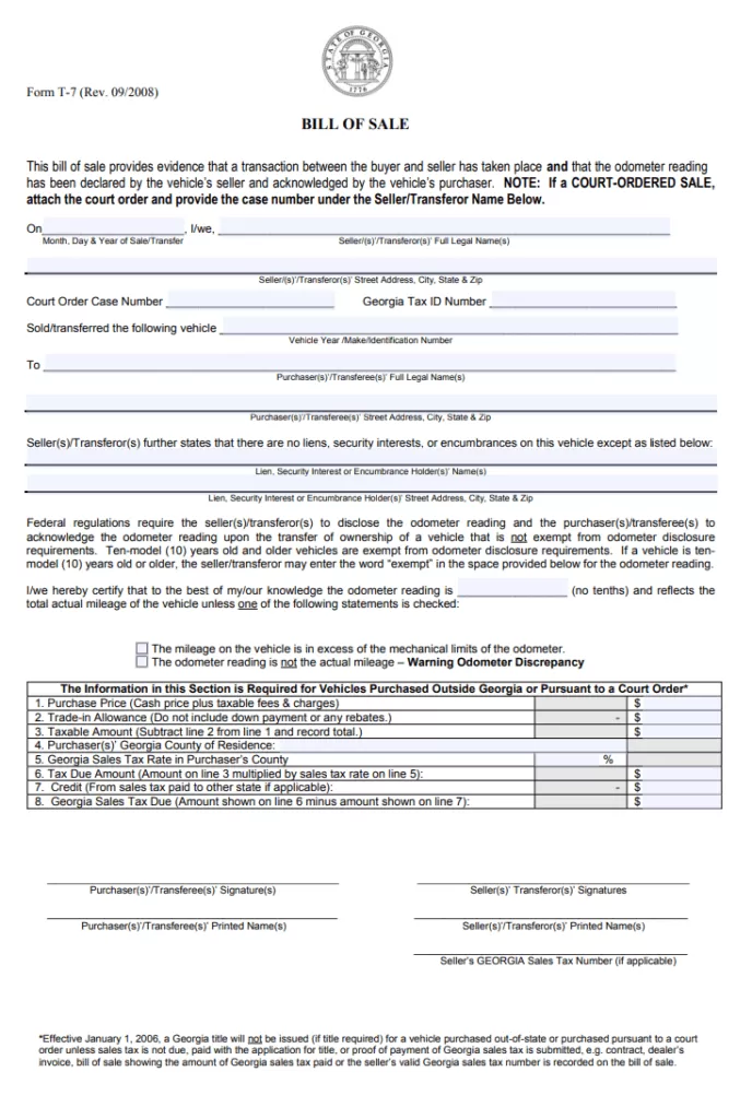 Blank Bill of Sale Form