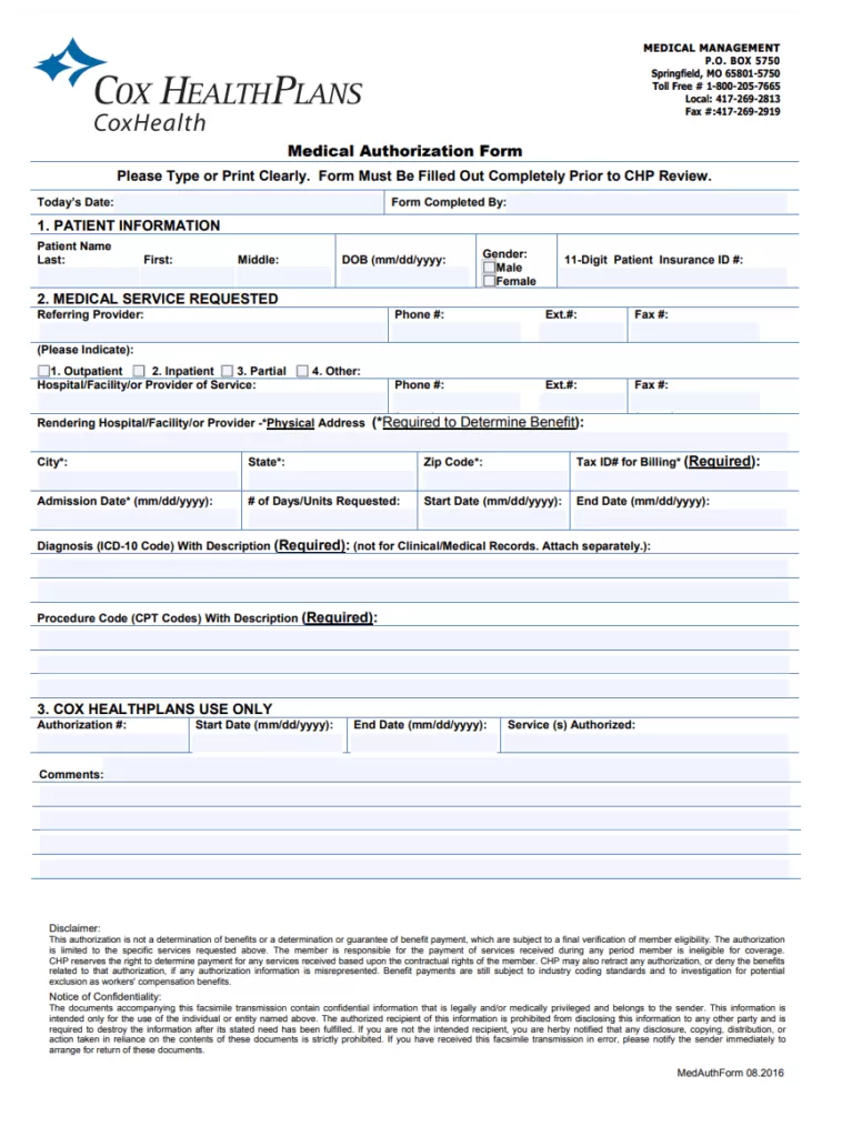 Blank Medical Authorization Form