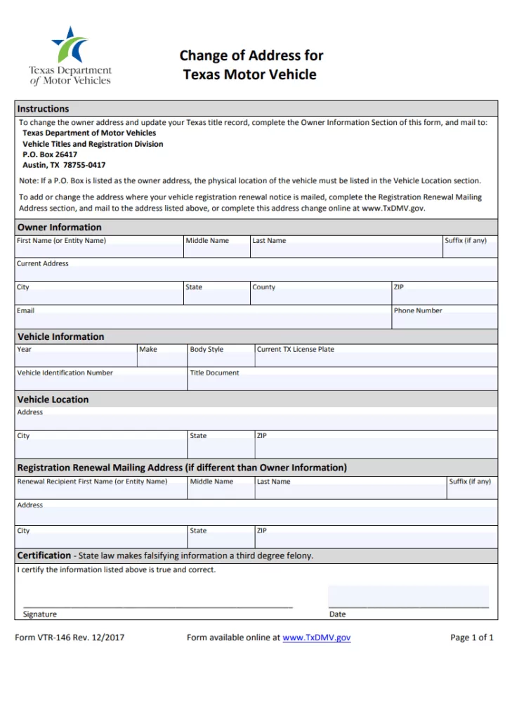 Change of Address form for Texas Motor Vehicle