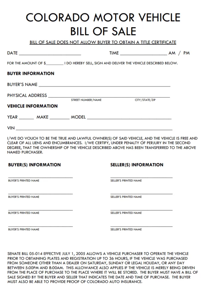 Colorado Motor Vehicle Bill of Sale Form