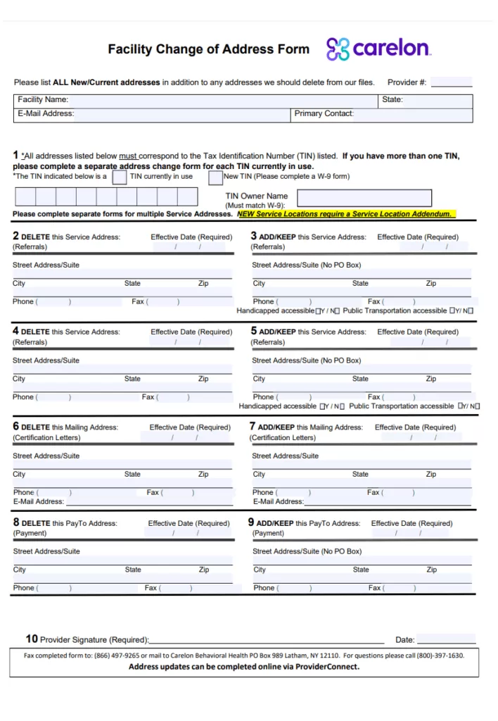 Facility Change of Address Form