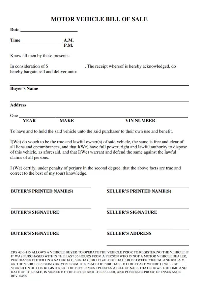 Motor Bill of Sale Form