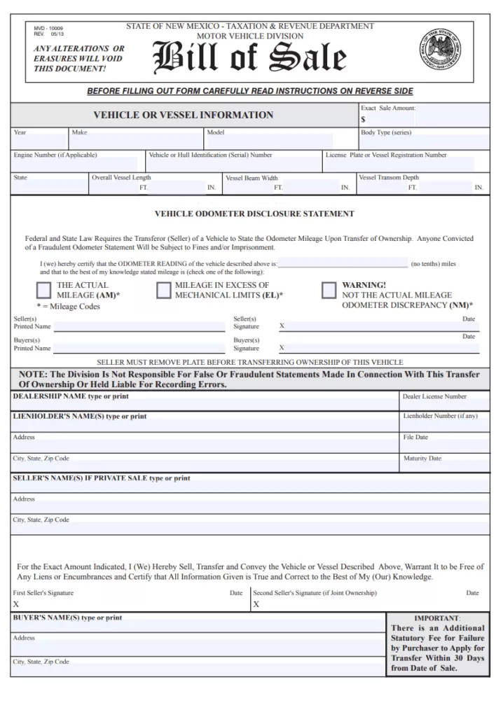 New Mexico Bill of Sale Form