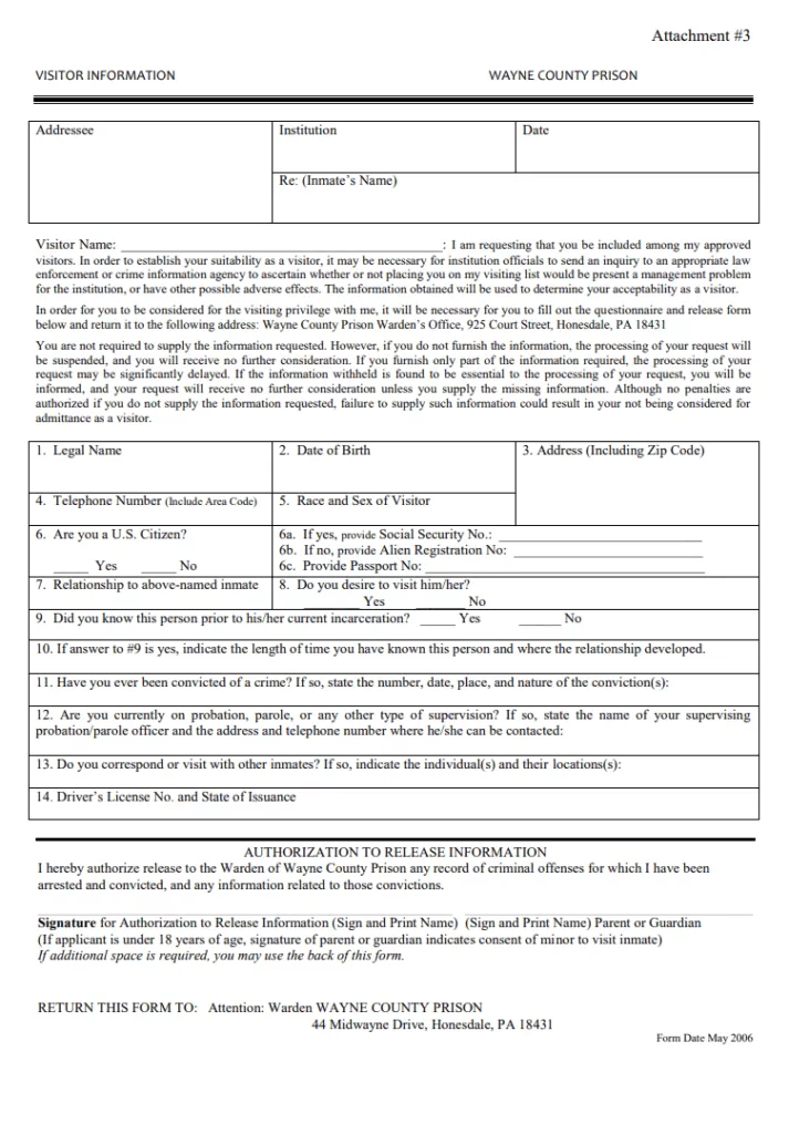 Prison Visitor Information Form