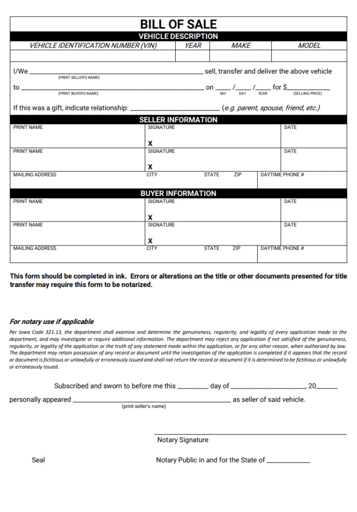 Vehicle Bill of Sale Form