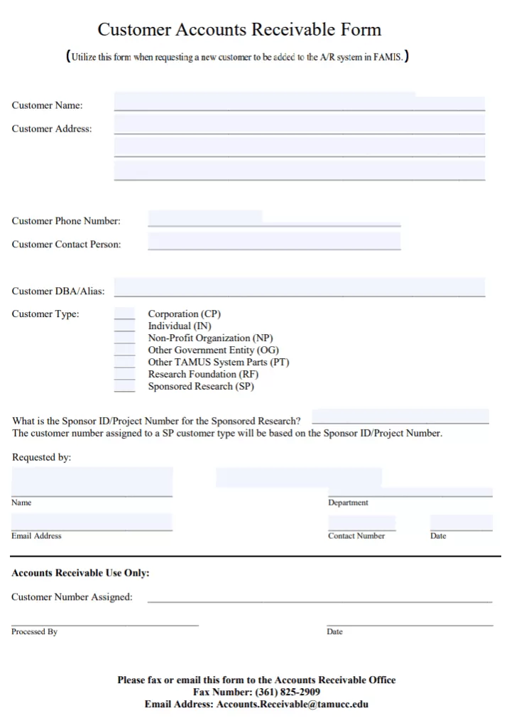 Customer Accounts Receivable Form