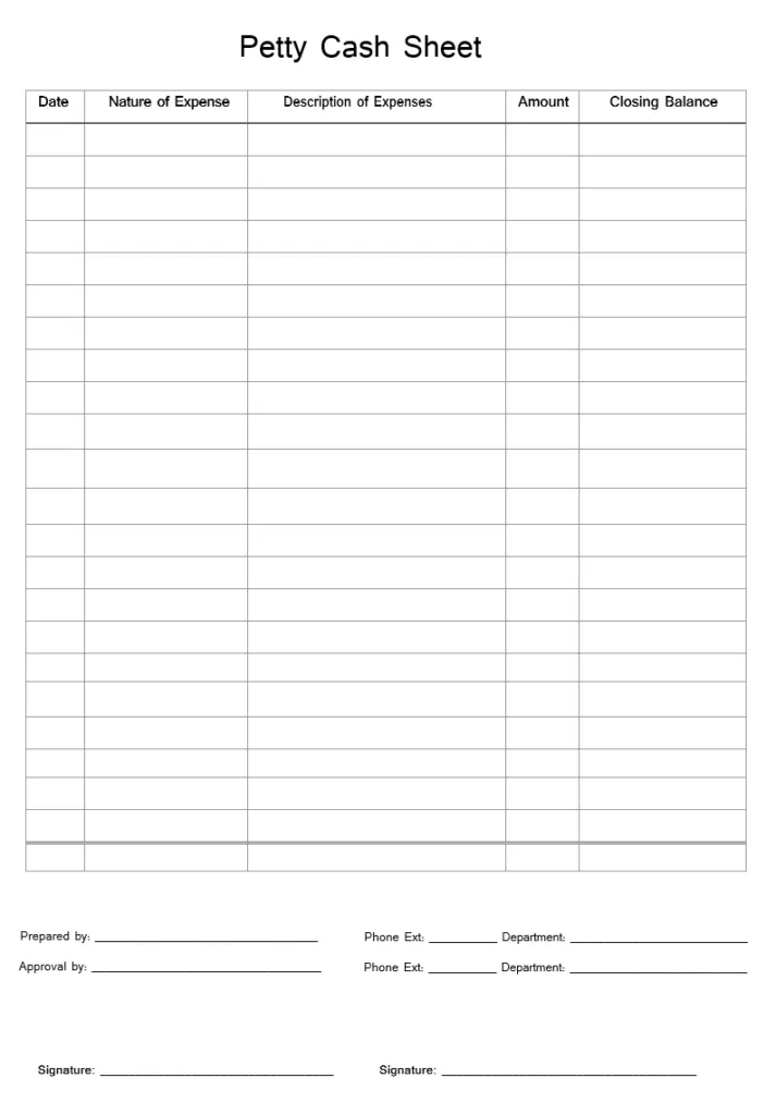 Petty Cash Sheet Template