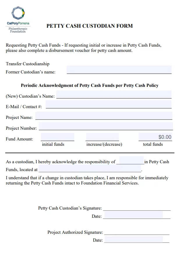 Petty Cash Custodian Form