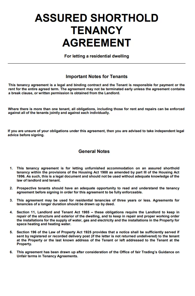 Assured Shorthold Tenancy Agreement Template