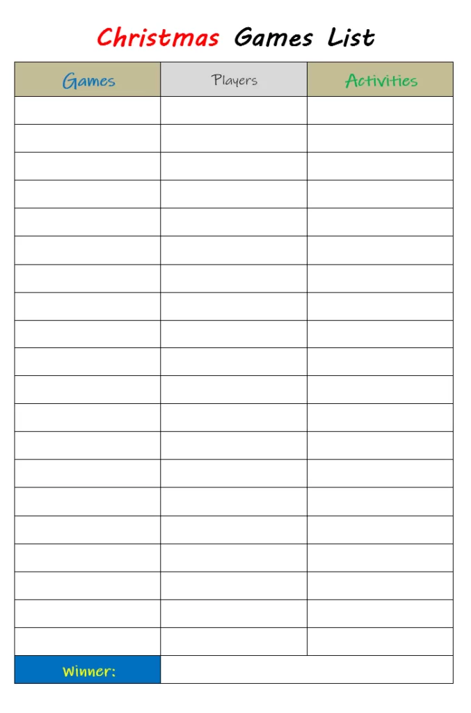 Christmas Games List Template