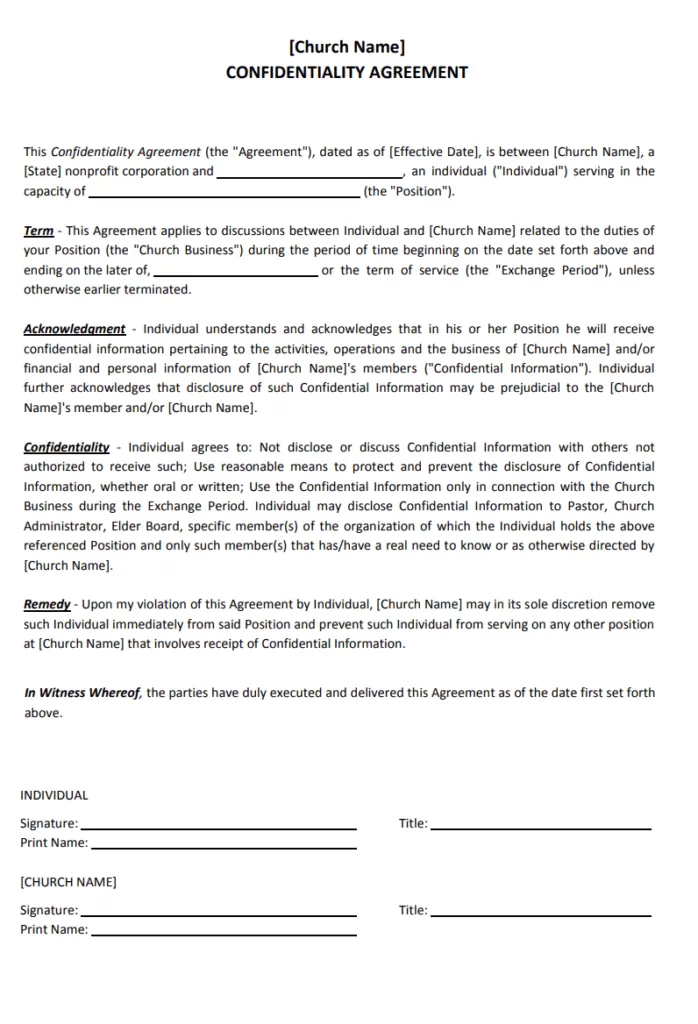 Church Confidentiality Agreement Template