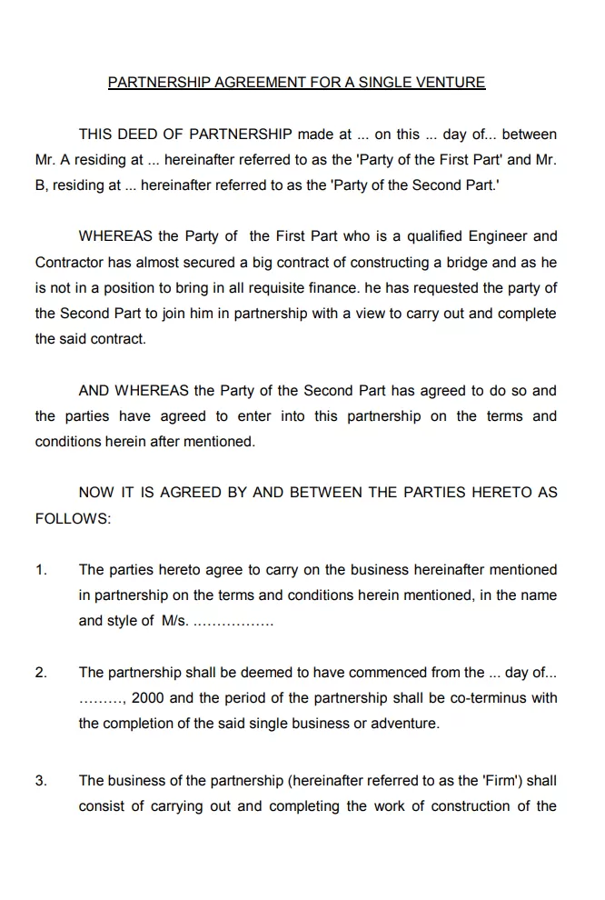 Single Venture Partnership Agreement Template